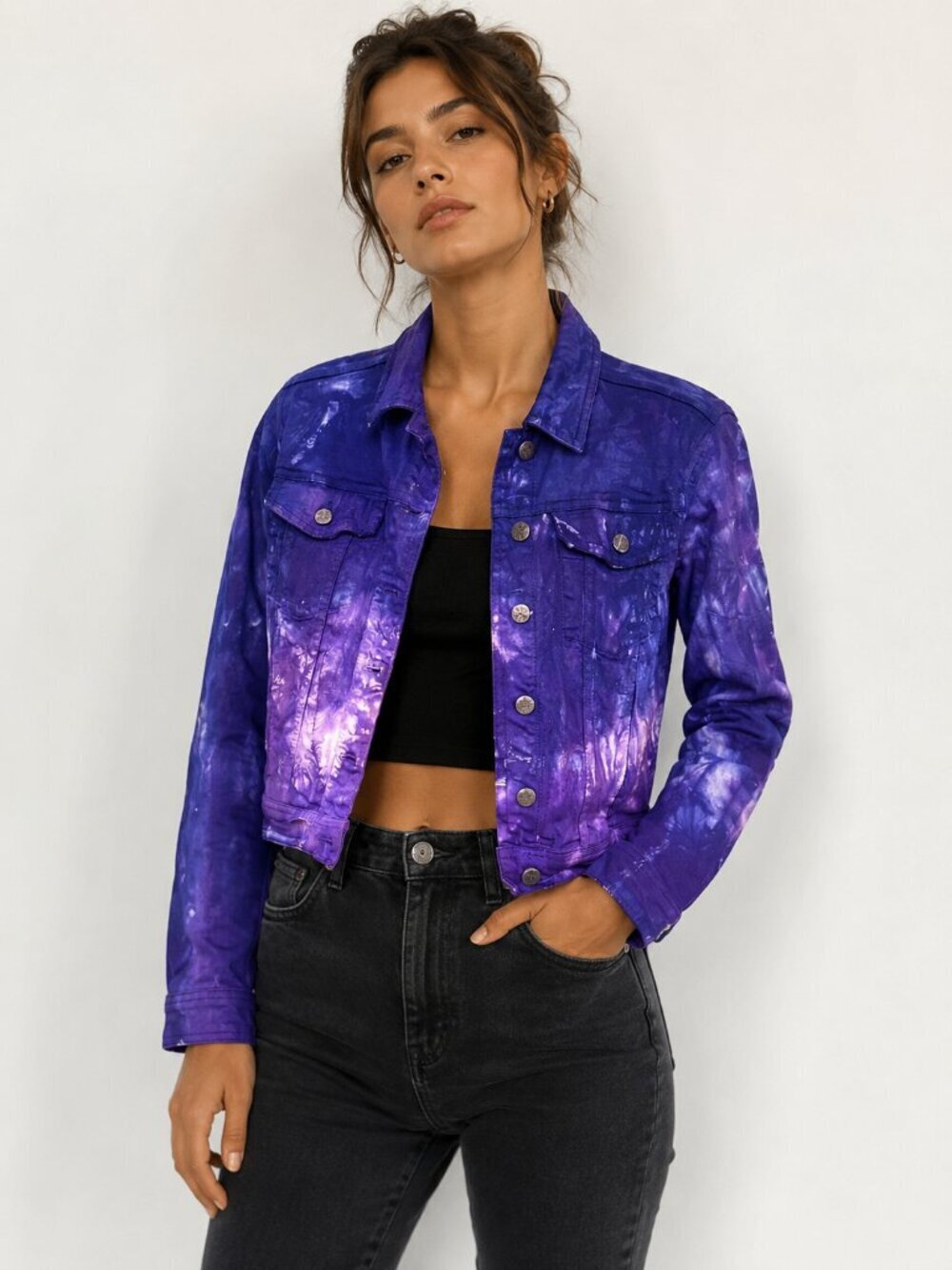 Zara Size XS Handmade Tie Dyed Purple Denim Jacket Blue Upcyle One of a kind